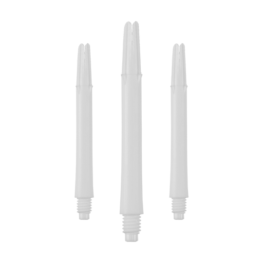 Arbres en L verrouillés droits - Blanc Das Bild zeigt drei weiße, gerade Dartschäfte mit Gewinde. Sie stehen aufrecht und sind ohne Kappen dargestellt.