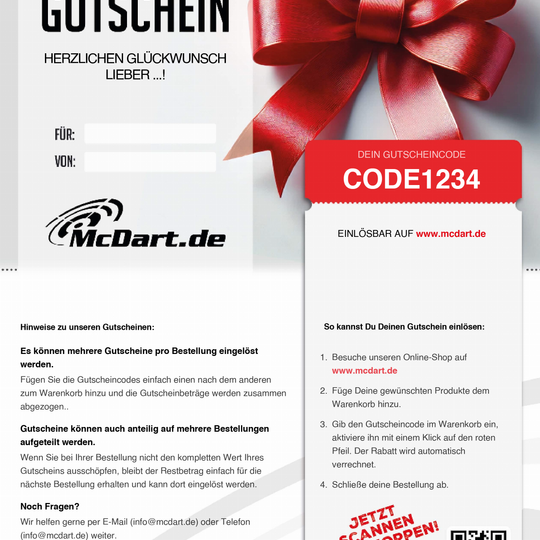 Bon d'achat - Ruban rouge Das Bild zeigt einen Geschenkgutschein von McDart.de mit einer großen roten Schleife. Rechts befindet sich ein Feld mit einem Gutscheincode und einer Anleitung zur Einlösung des Gutscheins.
