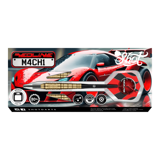 Fléchettes en acier Shot Redline Mach 1 Das Bild zeigt die Verpackung der "Shot Redline Mach 1 Steeldarts" vor einem roten Sportwagen. Auf der Verpackung sind die Darts sowie verschiedene Produktsymbole und das Logo gut sichtbar abgebildet.