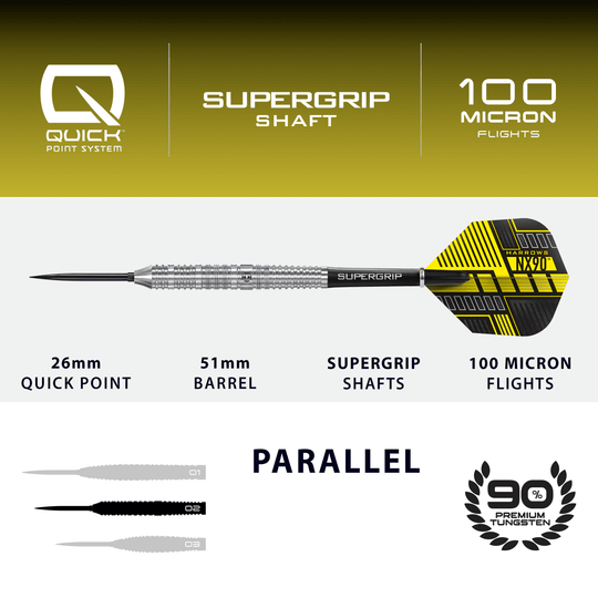 Fléchettes en acier Harrows NX90 Parallel Quick Point Abgebildet sind die Harrows NX90 Parallel Quick Point Steeldarts. Diese Steeldarts eignen sich für den ambitionierten Dartspieler.