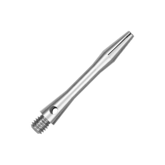 517_Aluminium_Shafts_Silber_35mm_2 Das Bild zeigt einen silbernen Aluminiumschaft. Der Schaft hat ein glattes, glänzendes Design mit einem Gewinde am Ende.