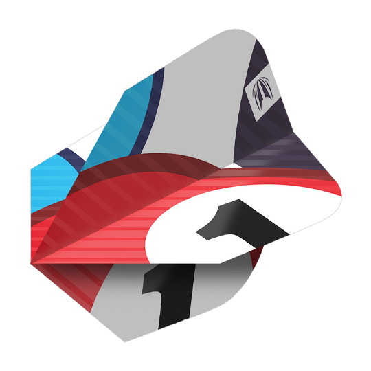 Das Bild zeigt die Target Pro Ultra Chicane Blue Ten-X Flights in einem farbenfrohen Design. Es sind drei Sets von Dartflights abgebildet, die Rot, Blau und Grau als Hauptfarben haben.