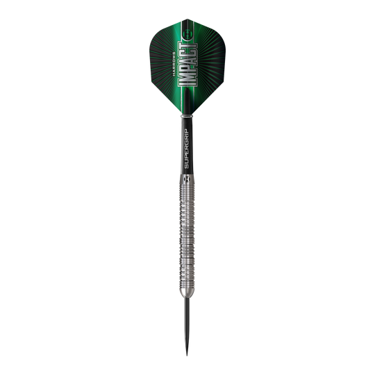 Das Bild zeigt Harrows Impact Steeldarts. Die Darts sind modern gestaltet und für Steeldart-Wettkämpfe geeignet.