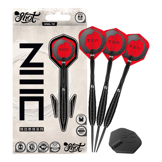 Auf dem Foto ist das Set Shot ZEN Bomber Turbo Point Steeldarts vollständig abgebildet. Dieses Set enthält alle notwendigen Darts für das Spiel.