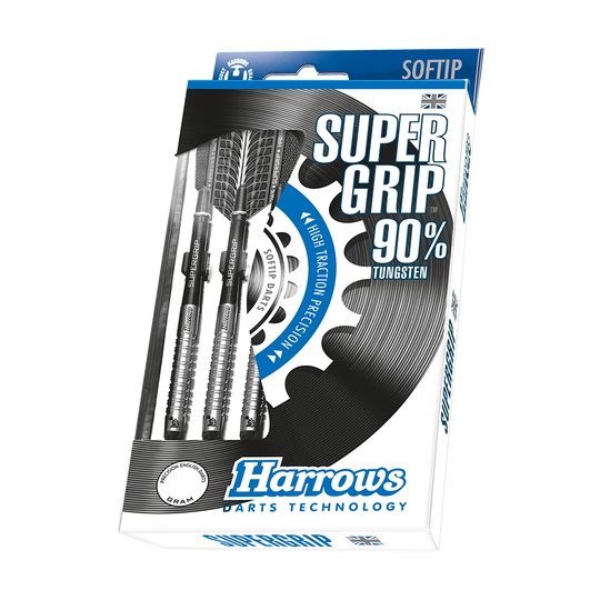 HA11810-Harrows-Supergrip-90-Softdarts-3-4-Plastikbox Auf dem Bild ist eine Packung Harrows Supergrip 90% Softdarts zu sehen. Die Darts bestehen zu 90% aus Tungsten und sind für Präzision und hohen Grip entwickelt.