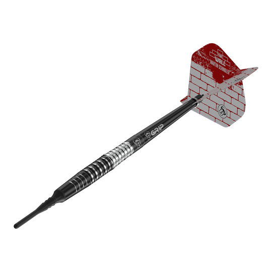 Das Bild zeigt einen Softdart aus der Serie "Bulls Martin Schindler Original Generation 3". Der Dart hat ein schwarzes und silbernes Barrel sowie eine rot-weiße Flight mit Mauerstein-Design.