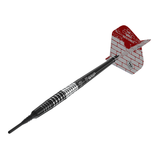 Fléchettes souples Bulls Martin Schindler Original Generation 3 Das Bild zeigt einen Softdart aus der Serie "Bulls Martin Schindler Original Generation 3". Der Dart hat ein schwarzes und silbernes Barrel sowie eine rot-weiße Flight mit Mauerstein-Design.