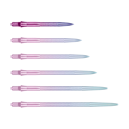 Pointes de fléchettes Caliburn EZ-EVO - Rainurées - Arc-en-ciel Das Bild zeigt eine einzelne EVO205 Caliburn EZ-EVO Dartspitze Grooved Rainbow 28mm. Die Spitze hat eine auffällige Regenbogenfarbe und eine gerillte Oberfläche.