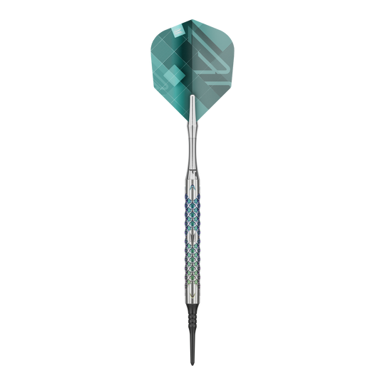 Target Rove 10 fléchettes souples Das Bild zeigt einen einzelnen Softdart der Marke Target Rove 10. Der Dart hat ein silbernes Griffstück mit farbigen Akzenten und grüne Flights.
