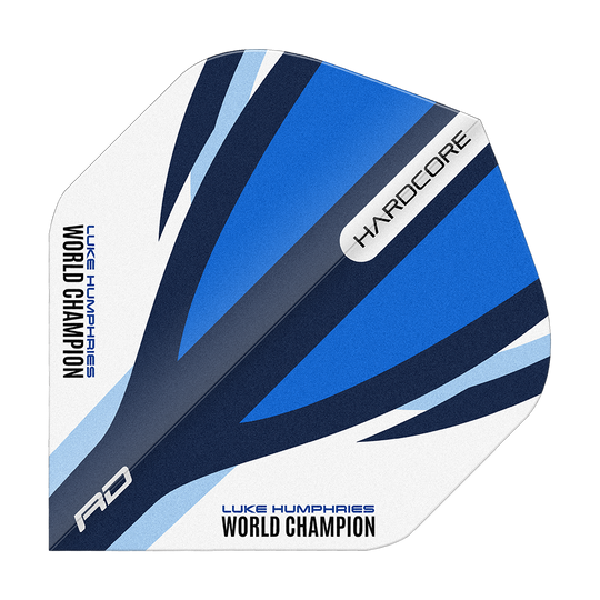 Vols Standard Bleu Blanc Red Dragon Hardcore Luke Humphries Das Bild zeigt einen Dart-Flight in den Farben Blau, Weiß und Schwarz mit dem Aufdruck "LUKE HUMPHRIES WORLD CHAMPION". Auf dem Flight stehen außerdem die Wörter "HARDCORE" und "RD".