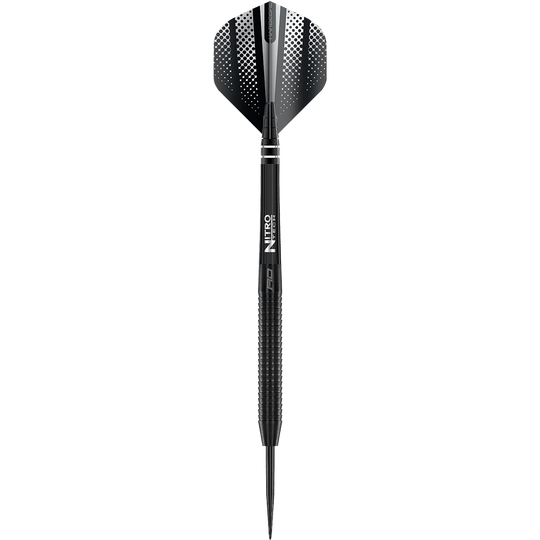 Fléchettes en acier Red Dragon Razor Edge Black Das Bild zeigt einen schwarzen Steeldart mit dem Namen "Red Dragon Razor Edge". Der Dart hat ein modernes Design mit geriffeltem Griff und schwarzer Spitze.