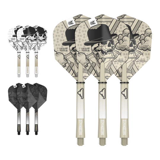 Kit de tige de vol Target Ink Dimitri Van Den Bergh Auf dem Bild sind drei Dartflights mit Schädel- und Hutdesign sowie der Aufschrift "Dream Maker" zu sehen. Zusätzlich gibt es zwei weitere Sätze Flights in verschiedenen Farben, jeweils mit passenden Shafts.