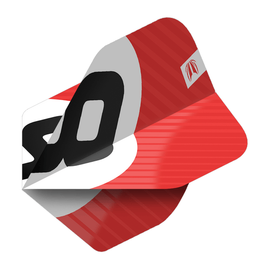 337210_Target_ProUltra_3Sets_Chicane_Red_No2_Standard_Flights_22uLGW3cBR1ukZ Das Bild zeigt das Produkt "Target Pro Ultra Chicane Red No2 Standard Flights - 3 Sets". Die Flights sind überwiegend rot mit einem auffälligen schwarzen und weißen Design.