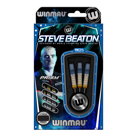 Fléchettes en acier Winmau Steve Beaton Legend Series Auf dem Bild ist eine Verpackung der "Winmau Steve Beaton Legend Series Steeldarts" zu sehen. Die Verpackung zeigt drei Steeldarts und ein Bild von Steve Beaton.