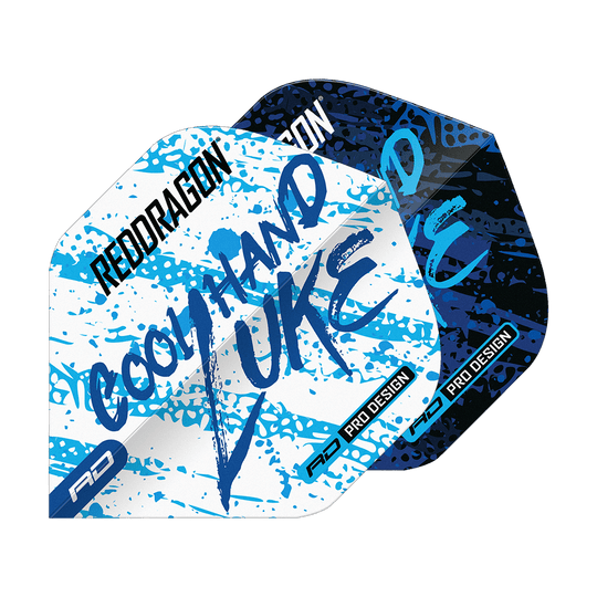 Dragon Rouge Luke Humphries Champion du Monde Bleu Blanc Yin Yang Vols Standards Das Bild zeigt die Red Dragon Luke Humphries World Champion Blue White Yin Yang Standard Flights. Die Flights sind in Blau, Weiß und Schwarz mit auffälligem Schriftzug und Farbspritzern gestaltet.