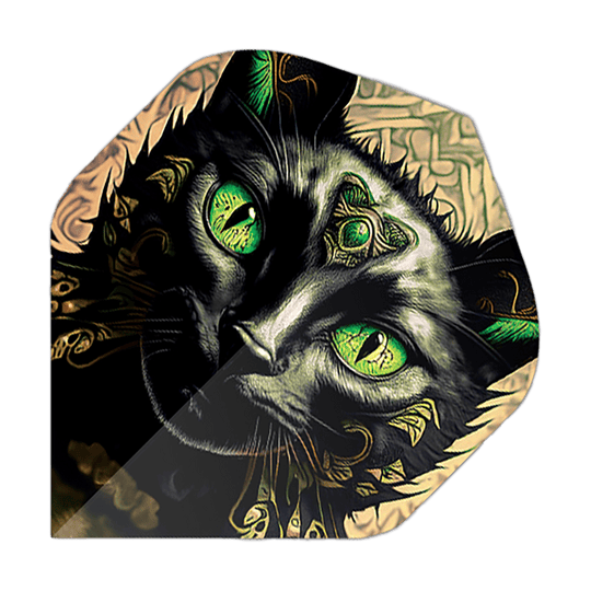 Das Bild zeigt ein Dartflight mit dem Motiv eines schwarzen Katers mit leuchtend grünen Augen. Die Details und Ornamente auf dem Katzenkopf geben dem Flight ein auffälliges, künstlerisches Design.
