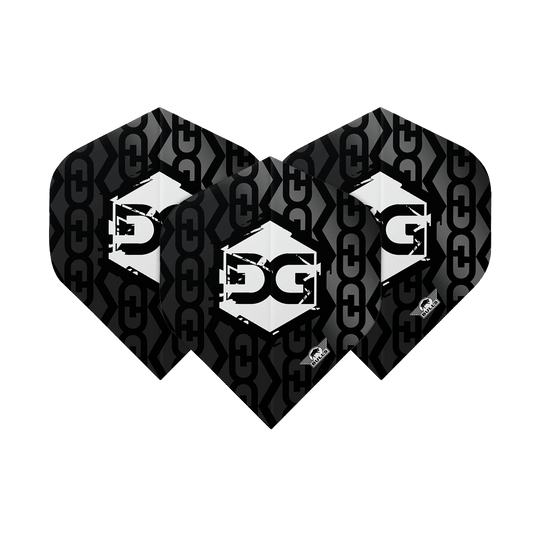 BU50921_Bulls_NL_Player_100_Martijn_Kleermaker_80_No2_Standard_Flights_1FMERIC5AFrZQG Das Bild zeigt drei schwarze Dartflights mit einem Kettenglied-Muster. In der Mitte befindet sich ein weißes Logo mit den Buchstaben "MK".