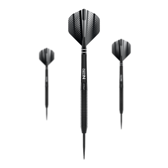 Fléchettes en acier Red Dragon Razor Edge Black Das Bild zeigt drei Red Dragon Razor Edge Black Steeldarts. Die Darts sind schwarz und haben ein modernes, punktiertes Design auf den Flights.