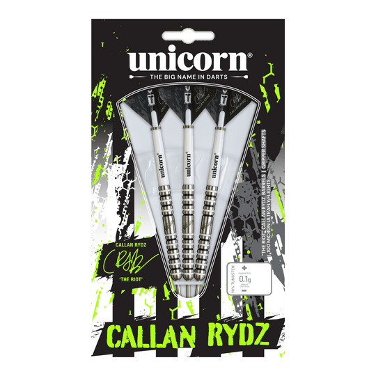 Fléchettes en acier Unicorn Callan Rydz The Riot Phase 2 Das Bild zeigt einen Steeldart aus der Callan Rydz The Riot Phase2 Serie. Es handelt sich um einen hochwertigen Dartpfeil für ambitionierte Spieler.