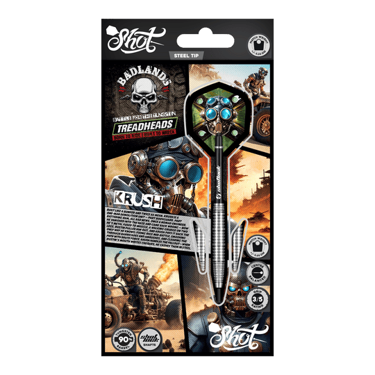 Abgebildet sind die Shot Badlands Krush Steeldarts. Diese Steeldarts sind für ein exaktes Spiel konzipiert.