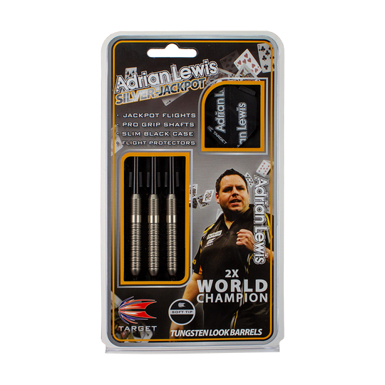 100540_Target_Adrian_Lewis_Silver_Jackpot_Softdarts_3 Das Bild zeigt das Produkt "Target Adrian Lewis Silver Jackpot Softdarts - 18g" in seiner Verpackung. Auf der Verpackung sind drei Dartpfeile, Zubehör sowie ein Bild eines Dartspielers abgebildet.