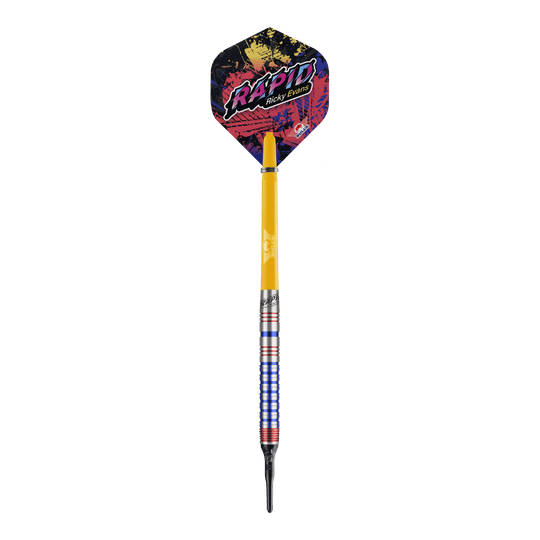 Bulls NL Ricky Evans Rapid Edition One Fléchettes souples - 20 g Das Bild zeigt einen Softdart aus der Serie "Bulls NL Ricky Evans Rapid Edition One" mit einem Gewicht von 20 Gramm. Der Dart hat bunte Akzente, einen gelben Schaft und eine auffällige Flights mit dem Schriftzug "RAPID Ricky Evans".