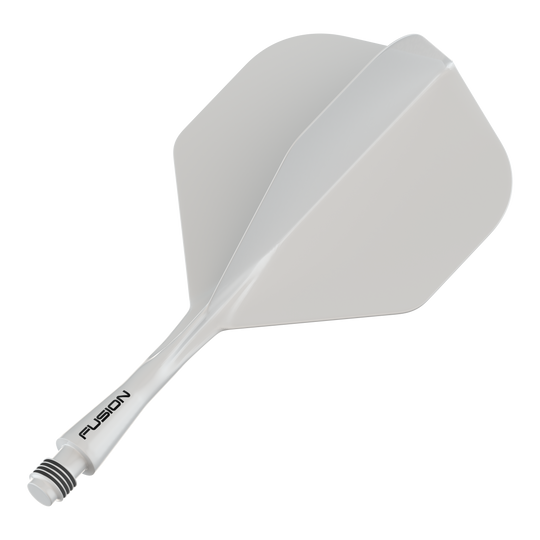 Système d'arbre de vol Winmau Fusion Standard Blanc Das Bild zeigt ein weißes Dartflug- und Schaftsystem. Auf dem Schaft ist das Wort "FUSION" zu sehen.