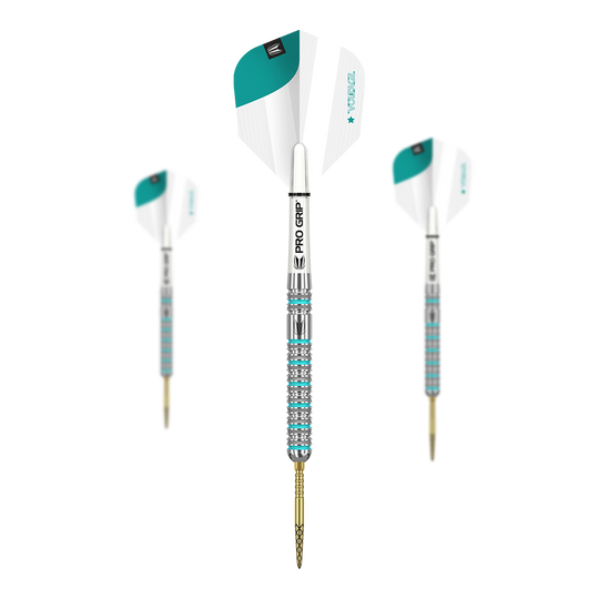 Fléchettes en acier Target Rob Cross GEN2 Swiss Point Das Bild zeigt drei Target Rob Cross GEN2 Swiss Point Steeldarts. Die Darts haben silberne und türkisfarbene Details sowie weiße Flights mit PRO GRIP Schäften.