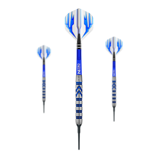 Red Dragon Gerwyn Price Fléchettes souples Iceman Auf dem Bild sind drei Softdarts des Modells "Red Dragon Gerwyn Price Iceman" zu sehen. Die Darts haben blaue und silberne Akzente sowie blau-weiße Flights.