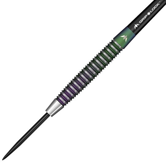 M001074_Mission_Ryan_Joyce_Relentless_Steeldarts_2 Das Bild zeigt einen Mission Ryan Joyce Relentless Steeldart. Der Dartpfeil hat einen geriffelten Griffbereich mit grünen und violetten Akzenten.