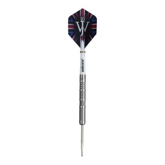Fléchettes en acier Unicorn James Wade The Machine Range Phase 4 Das Bild zeigt einen Steeldartpfeil aus der Produktreihe „Unicorn James Wade The Machine Range Phase 4“. Der Dartpfeil hat eine silberne Spitze und einen Flight mit buntem Design und den Buchstaben „JW“.