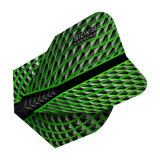 HR57_Harrows_Silika_Green_No6_Flights_2 Das Bild zeigt das Produkt "Harrows Silika Green No6 Flights". Die Dartflights haben ein geometrisches Muster in Schwarz, Grau und Grün mit dem Aufdruck "Silika Harrows".