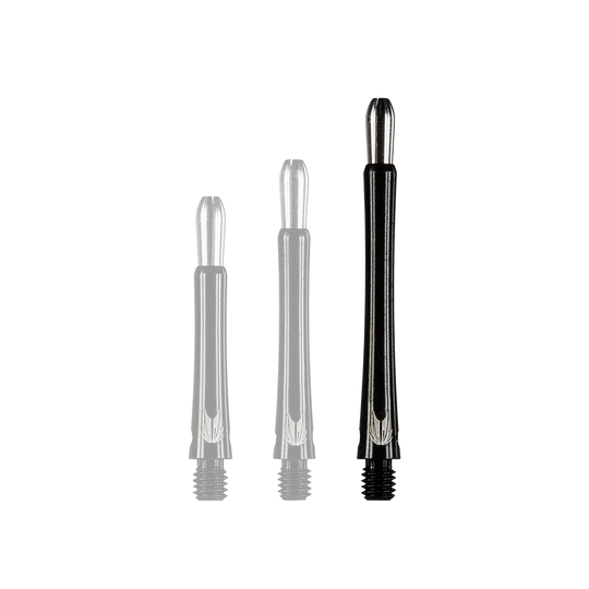 Das Bild zeigt drei schwarze Aluminiumschäfte für Darts in unterschiedlichen Längen. Die Schäfte haben silberne Details an den Enden.