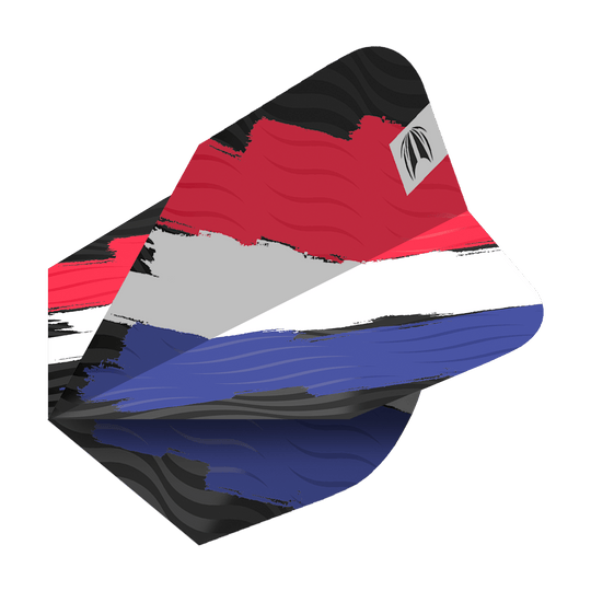 Das Bild zeigt das Produkt "Target Pro Ultra Flag Holland Ten-X Flights". Die Dart-Flights sind in den Farben der niederländischen Flagge gestaltet: Rot, Weiß und Blau.