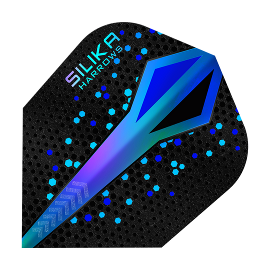 Das Bild zeigt einen Harrows Silika Colourshift Tough Crystalline Coating Blue No6 Flight. Das Design ist schwarz mit blauen und türkisfarbenen Akzenten und einem schimmernden Muster.