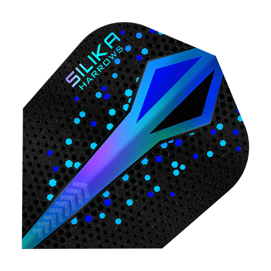 Revêtement cristallin résistant Harrows Silika Colourshift Bleu n° 6 Das Bild zeigt einen Harrows Silika Colourshift Tough Crystalline Coating Blue No6 Flight. Das Design ist schwarz mit blauen und türkisfarbenen Akzenten und einem schimmernden Muster.