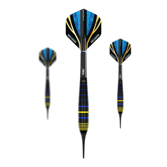Fléchettes souples Red Dragon Luke Humphries, champion du monde, en laiton - 20 g Das Bild zeigt drei Softdarts des Modells "Red Dragon Luke Humphries World Champion Brass Softdarts - 20g". Die Darts haben schwarze, blaue und gelbe Farbakzente sowie Flights mit blauen und goldenen Details.