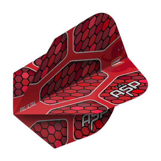 TG386_334440_Target_ProUltra_Nathan_Aspinall_Red_No6_Flights_2 Das Bild zeigt ein Dartflight mit rot-schwarzem Wabenmuster. Auf dem Flight steht "THE ASP" und "PRO.ULTRA".