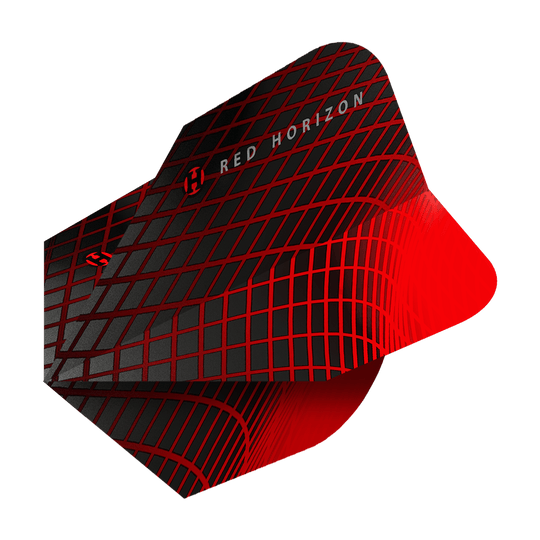 HR69_Harrows_Prime_Red_Horizon_No6_Flights_2 Das Bild zeigt die Harrows Prime Red Horizon No6 Flights. Sie sind schwarz mit einem auffälligen roten Gittermuster und dem Schriftzug "Red Horizon" gestaltet.