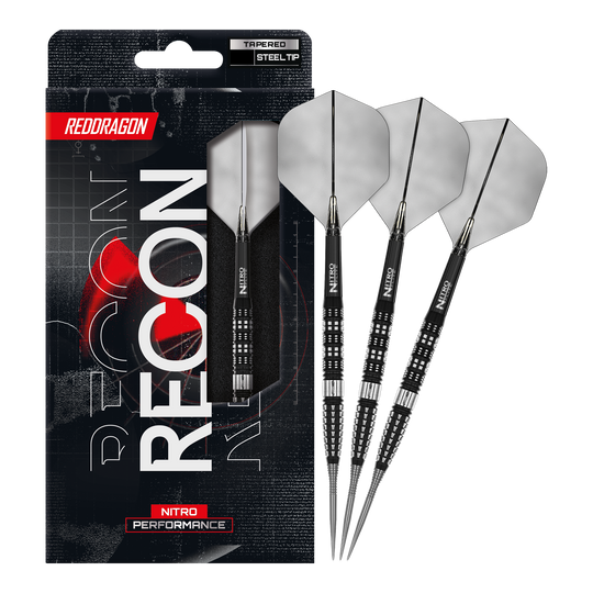 Fléchettes en acier conique Red Dragon Recon Red Dragon Recon Tapered Steeldarts. Das vollständige Set der Steeldarts wird auf dem Bild präsentiert.