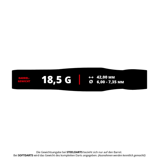 Fléchettes souples Target Japan Crux Brave - 18,5 g Das Bild zeigt die Produktdaten der "Target Japan Crux Brave Softdarts - 18,5g". Es werden das Barrelgewicht von 18,5 g, die Länge von 42,00 mm und der Durchmesser von 6,00 - 7,35 mm angezeigt.