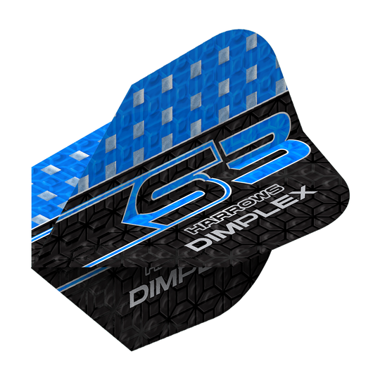 Volets Harrows Dimplex S3 - Bleu Das Bild zeigt ein Harrows Dimplex S3 Flight in Blau. Das Flight hat ein blau-schwarzes Design mit silbernen Akzenten und der Aufschrift "S3 Harrows Dimplex".