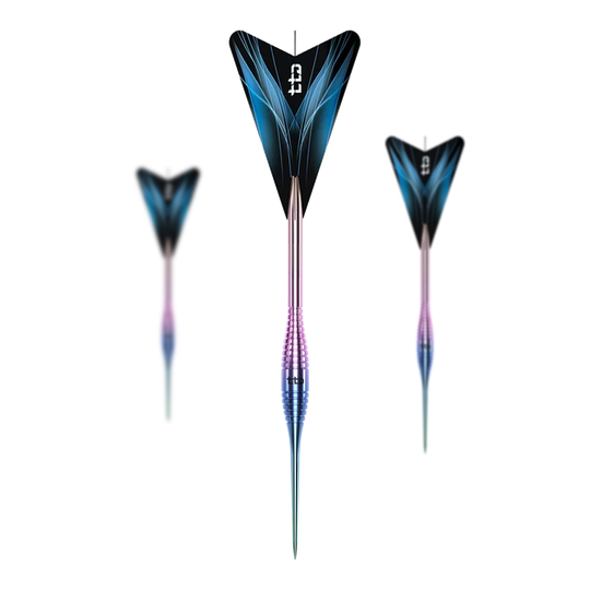 Abgebildet ist ein Set der Caliburn TTD Complete Titanium T2 Rainbow Steeldarts - 6g. Das Set enthält hochwertige Steeldarts in Regenbogenoptik.