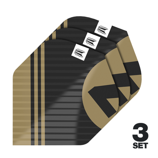 Ailettes standard Target Pro Ultra Chicane Black No2 - 3 jeux Das Bild zeigt drei Sätze von Target Pro Ultra Chicane Black No2 Standard Flights. Die Flights sind schwarz-gold gestreift und besitzen ein modernes Design mit einem weißen Logo.