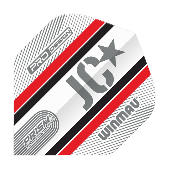 Vols standard Winmau Alpha Joe Cullen Cullen 85 Das Bild zeigt ein Winmau Alpha Joe Cullen 85 Standard Flight für Dartpfeile. Das Flight ist weiß mit roten, schwarzen und grauen Streifen sowie den Aufdrucken "JC", "PRO DESIGN" und "WINMAU".