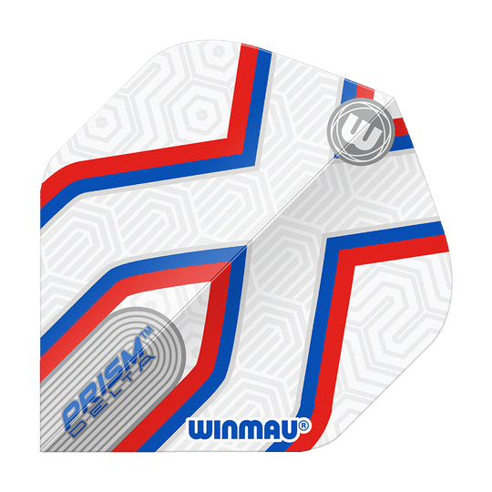 Vols standard Winmau Prism Delta Epix No2 Das Bild zeigt ein Winmau Prism Delta Epix No2 Standard Flights Dartflugblatt. Es ist weiß mit roten und blauen Linien und dezentem geometrischem Muster gestaltet.
