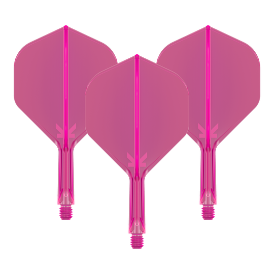 Système de vol standard Target K-Flex No2 - Rose fluo Das Bild zeigt drei pinkfarbene Dart-Flights mit Schäften. Sie sind nebeneinander angeordnet und haben eine neonpinke Farbe.