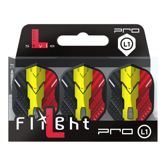 Vols L-Style V-Series V1 Type C Belgique Noir L1PRO Das Bild zeigt eine Packung mit drei Dart-Flights der Marke L-Style, Modell V-Series V1 Type C Belgium Black L1PRO. Die Flights haben ein Design in den Farben Schwarz, Rot und Gelb, inspiriert von der belgischen Flagge.