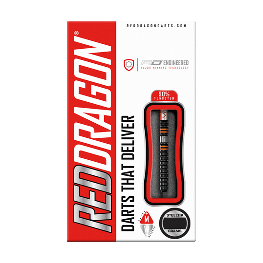 RD2527_Red_Dragon_Amberjack_Pro_1_Steeldarts_3 Die Abbildung zeigt die Verpackung der "Red Dragon Amberjack Pro 1 Steeldarts". Die Box ist rot-weiß gestaltet und hebt die 90% Tungsten-Steel-Darts hervor.