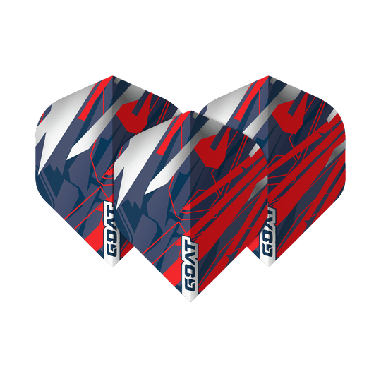 GOAT Homerun No2 Vols Standard Das Bild zeigt drei Dart-Flights des Produkts "GOAT Homerun No2 Standard Flights". Die Flights sind in den Farben Rot, Blau und Weiß gestaltet und mit dem Schriftzug "GOAT" versehen.